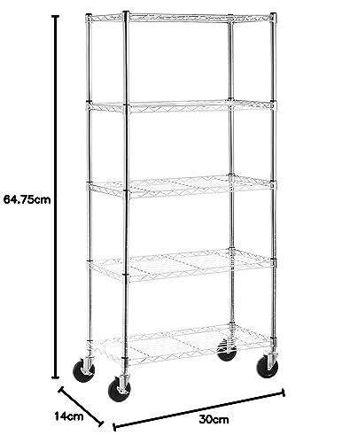 Amazon Basics 5-Shelf Adjustable, Heavy Duty Storage Shelving Unit On 4'' Wheel Casters, Metal Organizer Wire Rack, Chrome, 30" L X 14" W X 64.8" H #TOP2