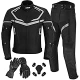 Mens Motorbike 2 Piece Suit Cordura Motorbike Jacket and Trousers CE armoured Waterproof protective Gear with leather Gloves all season suit (Black, XL)