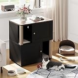 Dual Cat Litter Box Enclosure, Hidden Litter Furniture Cabinet with Two Scratch Mats and Scratching Post, Modern Farmhouse Wooden Covered Cat Washroom, End Table Design, Black