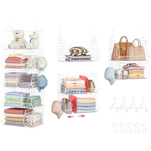 Jautokerdar 5 Tier Closet Hanging Shelves with Divider,2 Pair Hook,Extra Large Closet Organizers and Storage, Clothes Hanging Organizer Clothing Sweaters Shoes Handbags Clutches Accessories-White Cover