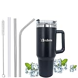 40oz Doppelwandiger Vakuumisolierter Edelstahlbecher,Thermobecher Kaffee To Go,Vakuum Isolierter Trinkbecher mit Griff und Strohhalm,Autobecher Reisebecher Für Kalte Heiße Getränke (Schwarz)
