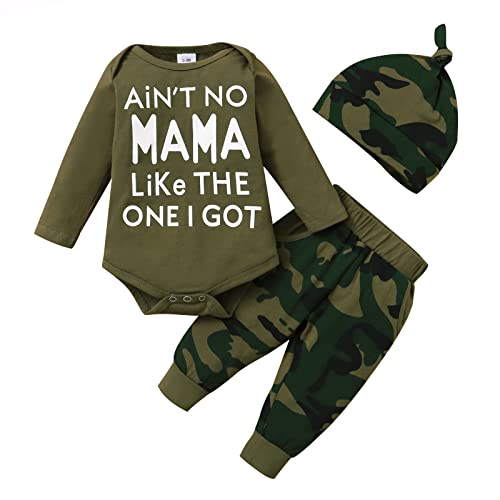 Image of DISAUR Baby Boy Clothes 3-6 Months Newborn Boy Outfits, Infant Letter Print Romper+Long Pants+Hat 3PC Infant Clothing Set(6M,Army Green)