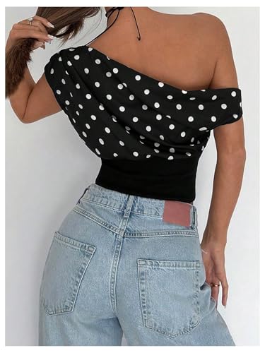 Milumia Women's Polka Dots Off Shoulder Crop Tank Tops Y2K Cap Sleeve Ruched Going Out T-Shirts3