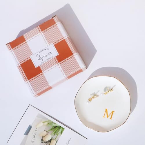 Image of Ceramic Jewelry Tray Initial Ring Dish Personalized M-Monogrammed Engagement Wedding Gifts, for Birthday Mother's Day Christmas for Women, Ceramic White 4.75 inch (M)
