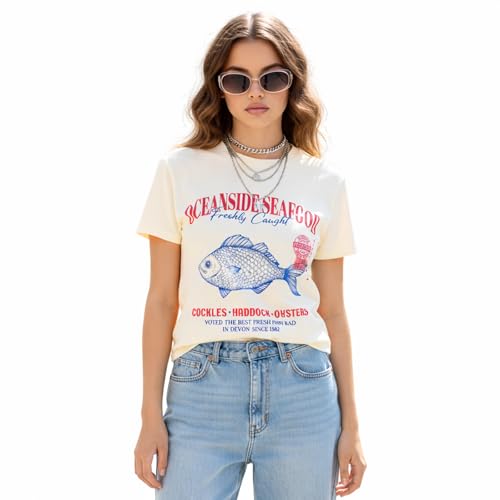 Cute Vintage Graphic Tees Womens Y2k Cotton T Shirt Casual Summer Beach Top(Apricot,S)