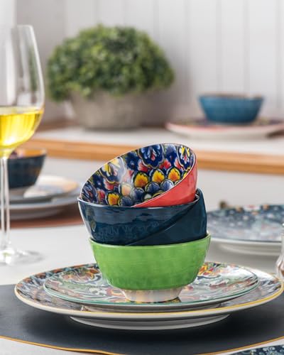 HENXFEN LEAD 12-teiliges Geschirrset, Tafelservice Porzellan für 4 Personen - Bunte Geschirr aus 4x Speiseteller, 4x Dessertteller, 4x Salatschüssel - Bohemian Style