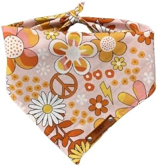 Personalized Dog Bandana, Flower Power, Custom Name Genuine Leather Tag, Tie On Style, Accessory for Dogs, Pet Neckwear, Pet Clothing