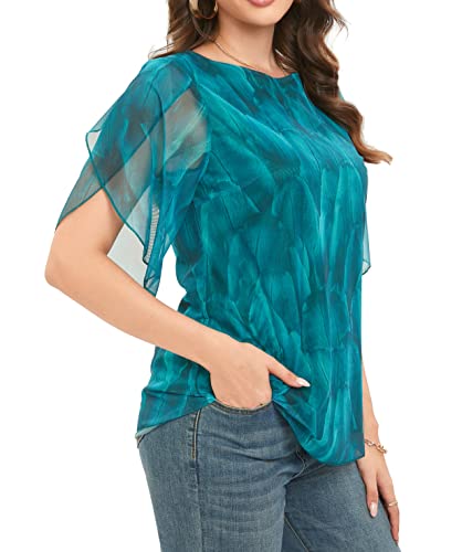 Image of Oyamiki Womens Half Sleeve Layered Flowy Chiffon Blouses Round Neck Shirts Tops