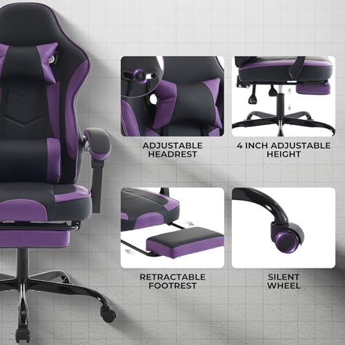 Image of Gaming Chair with Footrest for Home Office - High Back Computer Chair with Headrest and Lumber Support, Ergonomic Height Adjustable Leather Game Chairs (Black+Purple)