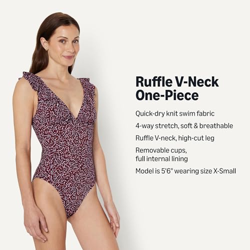 Amazon Essentials Women's Ruffle V-Neck One-Piece Swimsuit, Brick Red Lilac Leopard, Small - image 4