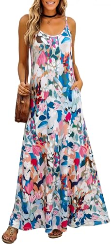 Image of Supnier Women's Summer Maxi Dress Casual V-Neck Sleeveless Bohemian Spaghetti Strap Floral Long Maxi Dress with Pockets