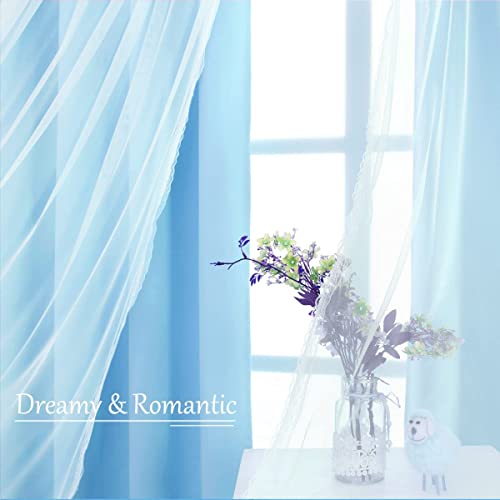 Image of Blue Curtains 90 inch Length 2 Panels Set - Double Layered Blackout Curtain Drapes with White Sheer Voile and Lace Hem for Kids /Girls Bedroom Living Room Nursery (52x90 inch, Sky Blue)