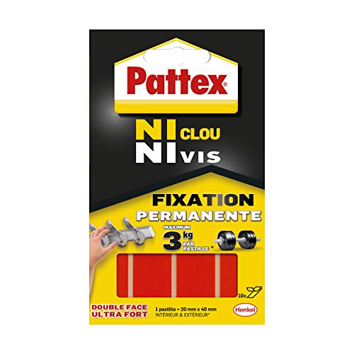 Pattex Ni Clou Ni Vis Pastilles Fixation Permanente, Pastilles double faces ultra fortes pour intérieur & extérieur, pastilles autocollantes ultra résistantes, 10 pastilles