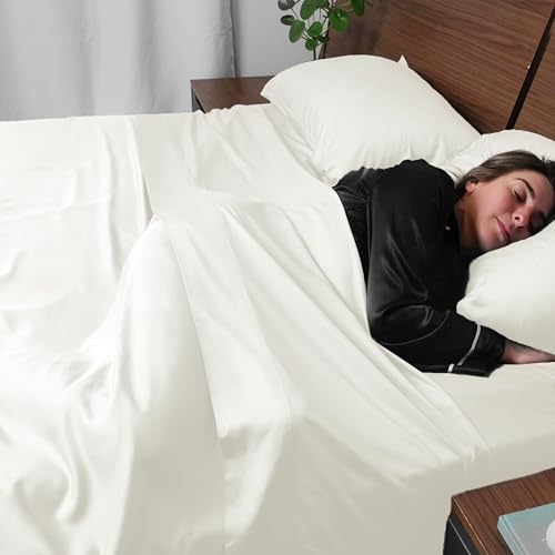 Image of ACCURATEX Cooling Sheets for Hot Sleepers, Queen Size,Ivory | Viscose Made from Bamboo, 4 Pcs Silky Soft Sheet Set, Breathable Cool for Night Sweats, up to 16 inches Deep Pockect