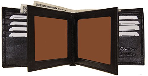 Men's SUN 1225 BK Leather Wallet Black Bifold Fixed Flip 3 Window Id Organza Gift Bag, Black, One Size3