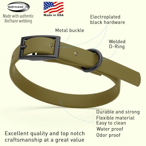 Image of Dogline Biothane Waterproof Dog Collar Strong Coated Nylon Webbing with Black Hardware Odor- Proof for Easy Care Easy to Clean High Performance Fits Small Medium or Large Dogs, Olive Drab Green