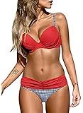 Actloe Women Color Block Bikini Swimsuit Two Pieces Swimwear Push up Plaid Bathing Suit Red Medium