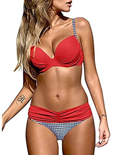 Actloe Women Color Block Bikini Swimsuit Two Pieces Swimwear Push Up Plaid Bathing Suit Red Medium #TOP3