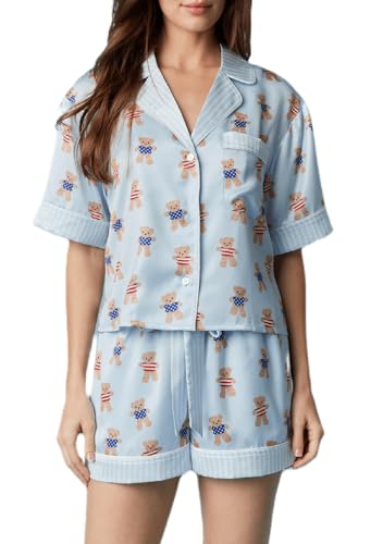 Image of Argeousgor Women 4th Of July Pajama Sets American Flag Short Sleeve Shirt and Shorts 2 Piece Independence Day Pajamas Set