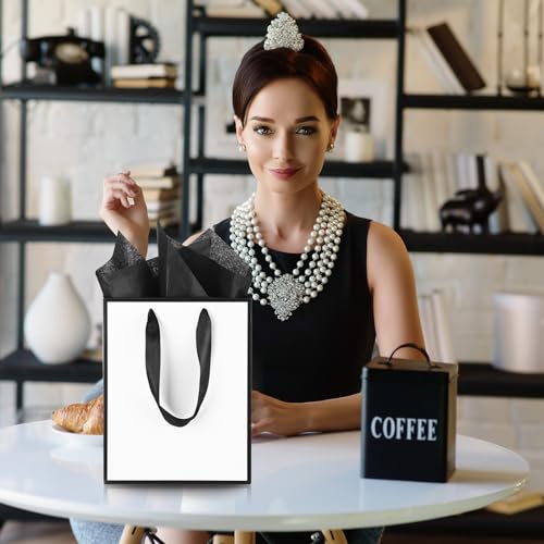 Image of Yeaqee 24 Pack Metallic Paper Gift Bag with Tissue, White Black | with Satin Ribbon Handle and Tissue, 9x7x3.1 Inch, Suit Business, Birthday, Christmas, Thank You Return Gifts Bags