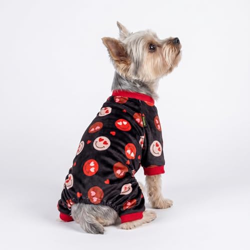 Image of Fitwarm Hearts Eyes Smily Face Dog Pajamas, Cozy Valentines Outfit for Small Dogs Boy Girl, Festive Pet Clothes, Black, Red, Medium