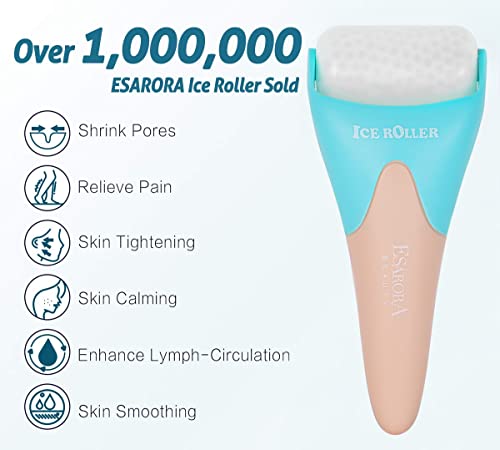 ESARORA Ice Roller for Face & Eye, Puffiness, Migraine, Pain Relief and Minor Injury, Skin Care Products - Pink Blue (1 Plastic Roller & 1 Stainless Steel Roller)