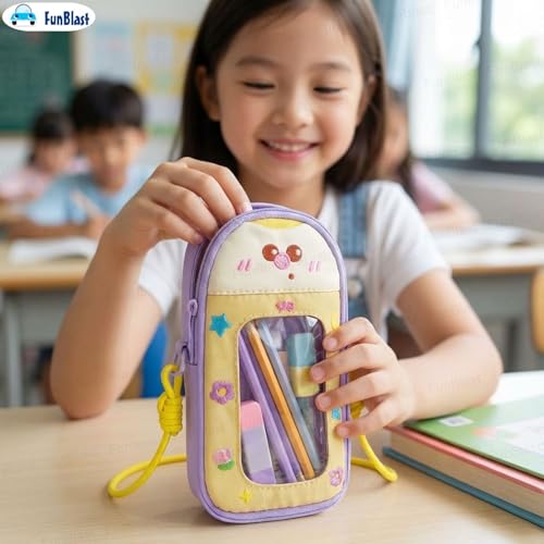 Image of FunBlast Pencil Pouch for Kids, Girls - Large Capacity Multipurpose Stationery Zipper Pouch with Hanging Strap for Kids & Adults, Kawaii Aesthetic Pencil Case Organizer for Girls (Purple)