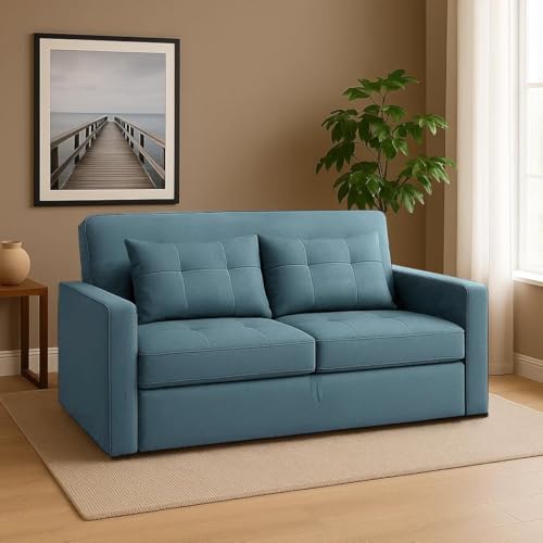 Image of CASASTYLE Trissa 2 Seater Pull-Out Premium Fabric Sofa Cum Bed Sofa Set for Living Room (Sky Blue Fabric-Color)