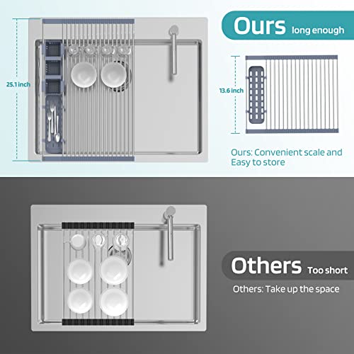 Extra Large Expandable Roll Up Dish Drying Rack Up To 25.1''With 2 Storage Baskets,Over The Sink Kitchen Rolling Up Dish Drainer Dish Drying Rack In Sink, Foldable,Rollable,For Kitchen Dishes,Fruits #TOP4