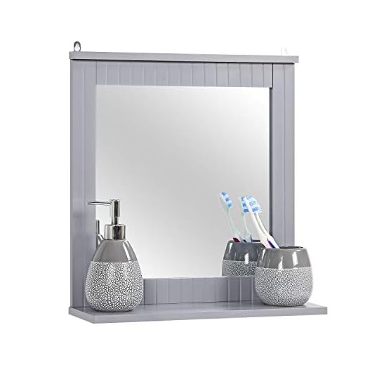Taylor & Brown® Träinramad väggmonterad spegel, badrumsspegel med hylla, hängande sminkspegel, för vardagsrummet och badrummet (grå)