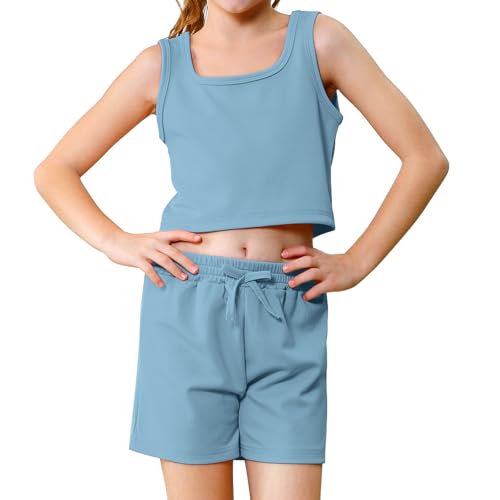 Image of U.nikaka Girls 2 Piece Outfits Casual Girls Shorts Sets Sleeveless Crop Tank Top and Short Sets Ribbed Workout Sets Summer