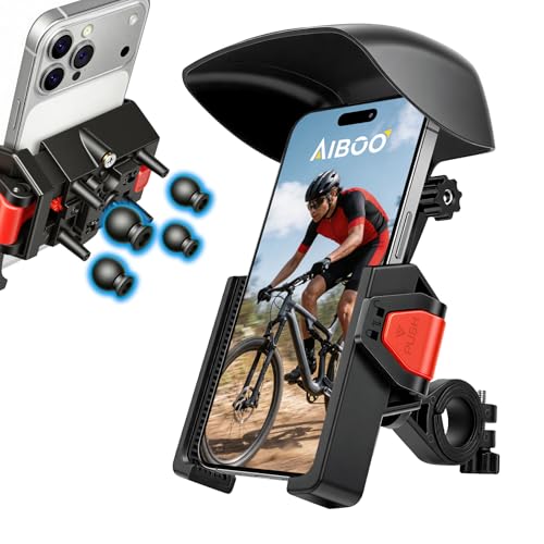 AIBOO プロ監修 自転車 スマホホルダー サンバイザー付き【最強版・日よけ & 防熱対策 クイック取付 バイク スマホホルダー 】精密カメラ保護 片手操作 簡単取付 サンシェード 自転車用【遮光 防水 防塵 耐震】1秒着脱 360度回転 落下防止 超強振動吸収ダンパー 全方向振動吸収 スマホスタンド ハンドル径22-31.8mm ノブ固定式