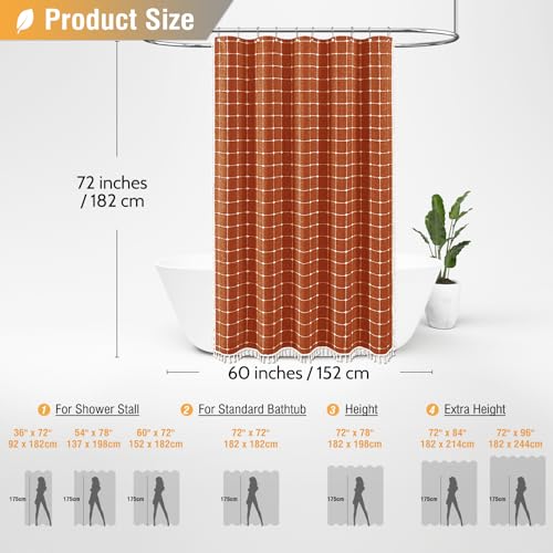 Image of BTTN 60 Inch Stall Shower Curtain - Boho Farmhouse Linen Weighted Fabric Shower Curtain Set with 10 Plastic Hook, Narrow Bohemian Country Decorative Shower Curtains for Bathroom - 60x72 - Brunt Orange