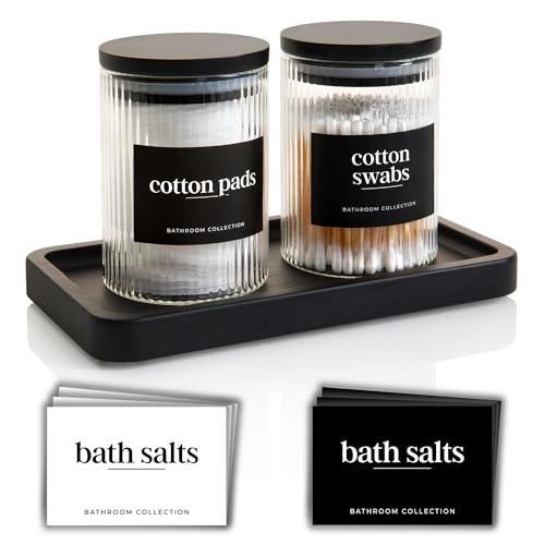 Mason & Fable Lot de 2 pots et plateau en verre côtelé pour salle de bain - 300 ml - Avec couvercles hermétiques en bambou noir - Tampon en...