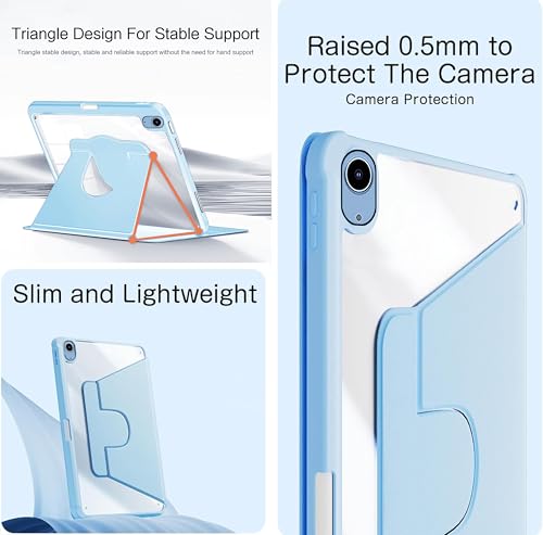 Image of TGK Rotating Case for iPad 10th Gen 10.9 inch 2022 (A2757 / A2777 / A2696) with Pencil Holder 360 Degree Rotation Protective Trifold Stand Cover Clear Back (Sky Blue)