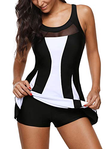 Zando Women's Tummy Control Swim Dress - Color Block & Mesh One Piece Swimsuit with Skirt for Women Over 502