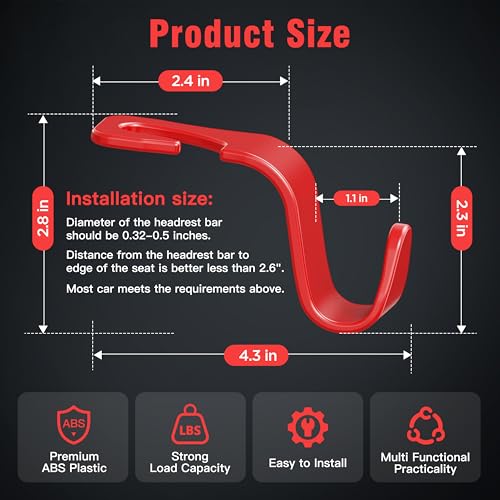 Image of 4-Pack Car Headrest Hooks Holds 55lbs Seat Storage Organizer for Bags | Durable ABS Material, 360 Rotating, Car Hanger for Backpack Umbrella Water Bottle Coat Purses Handbags Groceries, Red