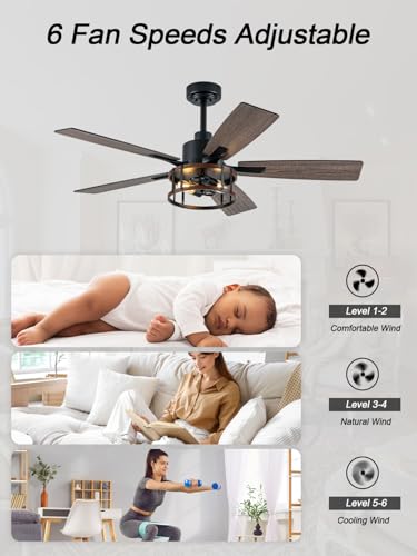 Image of Rustic Ceiling Fan with Lights and Remote, Large Farmhouse Ceiling Fan Caged Fandelier Chandelier, Reversible Quiet DC Motor 6 Speeds for Living Room (Rustic Cage, 52 Inch)