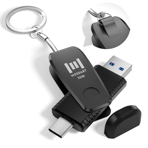 Image of MOSDART 32GB USB C and A 3.1 Dual Flash Drive with Keychain, Black | Fits Android Phones, iPhone 15, 16, 17, Macbook, iPad, For Photos and Videos, USB-C Port Protection, Phone Case Friendly