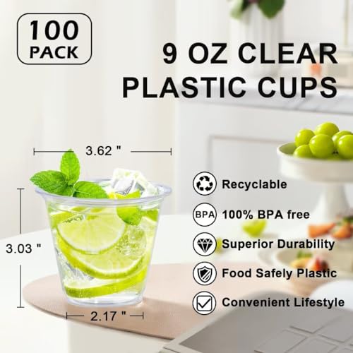 image for Lamosi 9 oz Clear Plastic Cups, 100 Pack Disposable Party Cups, PET Pl