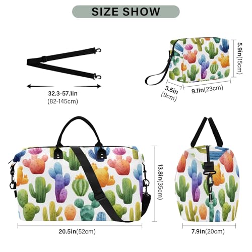 Duffel Bag Set for Travel Gym Sport, Weekender Carry on Overnight Bags for Women Men-Colored Cactus Print3