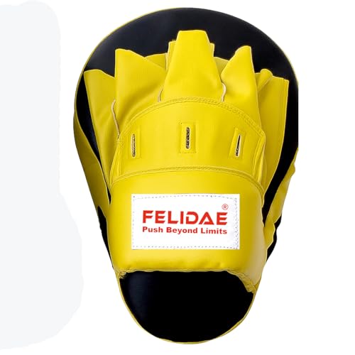 Image of FELIDAE Focus Pads for Boxing & MMA Training | Curved Punch Mitts for Kickboxing, Muay Thai & Martial Arts | Durable PU Leather Hand Target Pads for Punch Accuracy & Speed | Red Black (Yellow /Black)