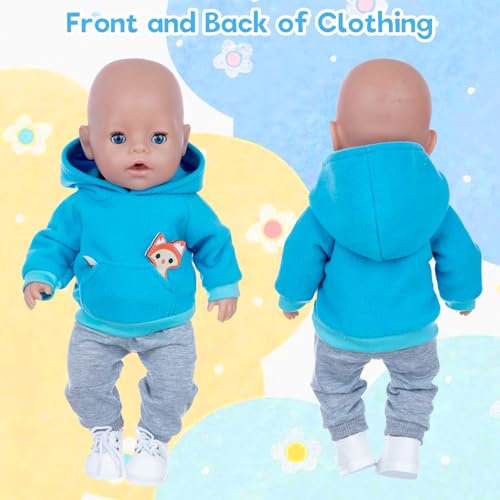 Baby Puppen Puppenkleidung 35-43 cm, Kleidung Outfits für Baby Puppen, 1 Animal Element Kapuzensweatshirt+ 1 graue Hose + 1 Paar Socken +1 Hänger, Puppenkleidungsset Geschenk für Kinder Mädchen Jungen