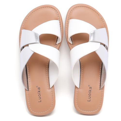 Image of Luoika Women's Wide Width Flat Slides Sandals, Strapy Slide Sandal Slip on Dressy Summer Shoes for Women.
