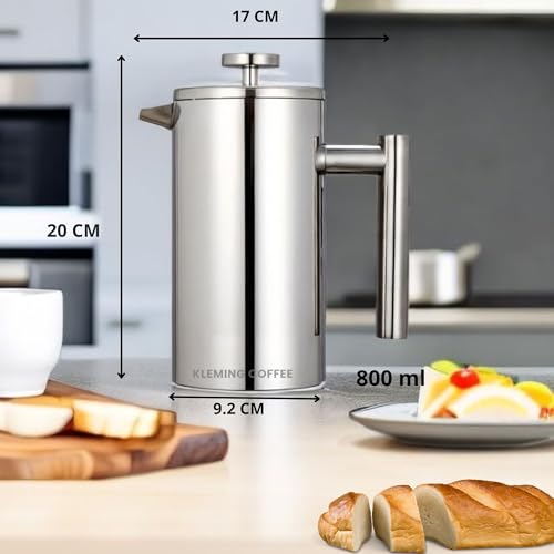 KLEMING COFFEE | Cafeteira de Prensa Francesa com Parede Dupla em Aço Inoxidável, 700 ml, Térmica, 6