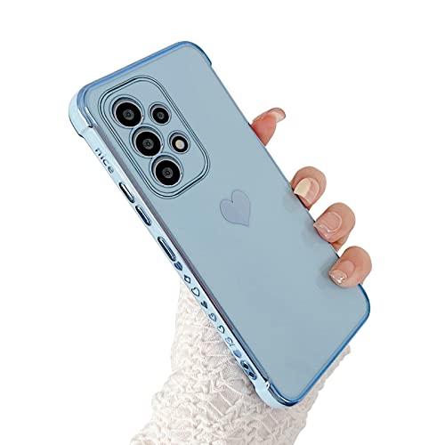 phylla for Samsung Galaxy A53 5g Phone Case with Camera Protection,Luxury Cute Love Heart Plating Edge Phone Case,Soft Silicone Shockproof Bumper with Cute Small Love Heart Pattern-Blue