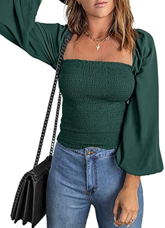 EVALESS Blouses for Women Puff Long Sleeve Square Neck Tops Off The Shoulder Floral Ladies Tops and Blouses