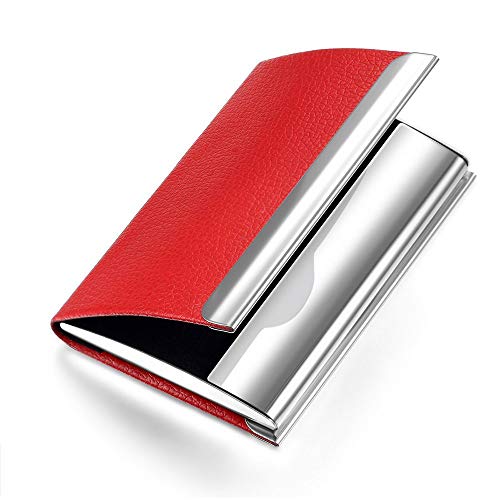 NOMĒ Womens Slim Business Card Holder - Credit Card Pocket Wallet - Red Leather Case