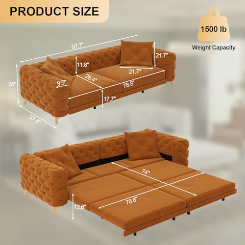 Image of KCGKCG 97.7 inch Sleeper Sofa Bed, Velvet Sectional Couches for Living Room /Bedroom, 3 in 1 Pull Out Couch Bed, Convertible Sectional Couch loveseat Sofa with Movable Ottoman, Orange