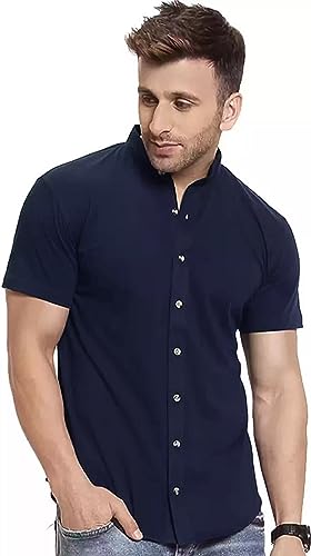 Image of EYEBOGLER Mens Cotton Blend Henley Neck Half Sleeve Solid Button Style Tshirt